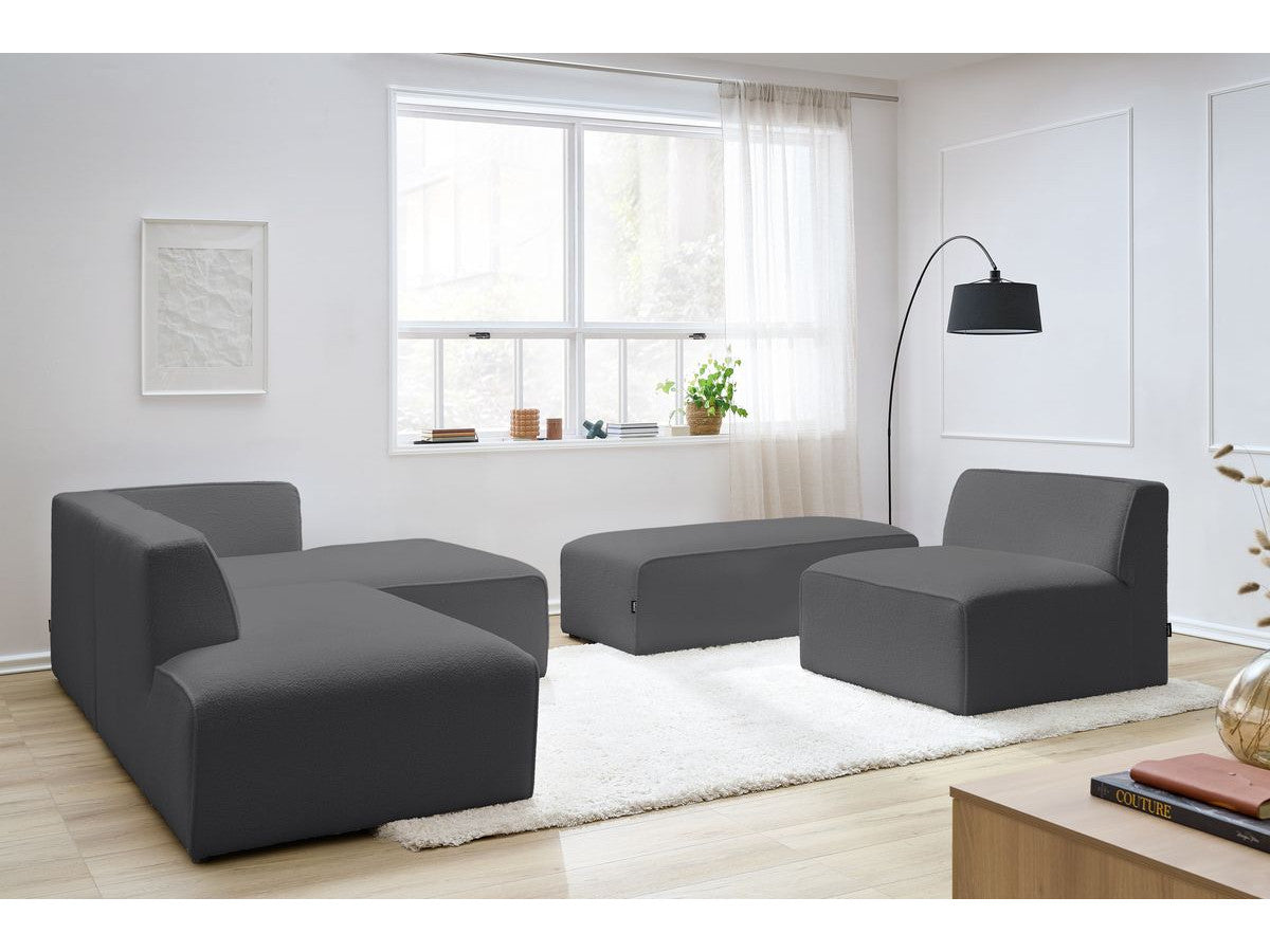 Canapé d'angle fixe modulable MEGEVE tissu bouclette avec 1 chauffeuse et 1 pouf - Angle droit