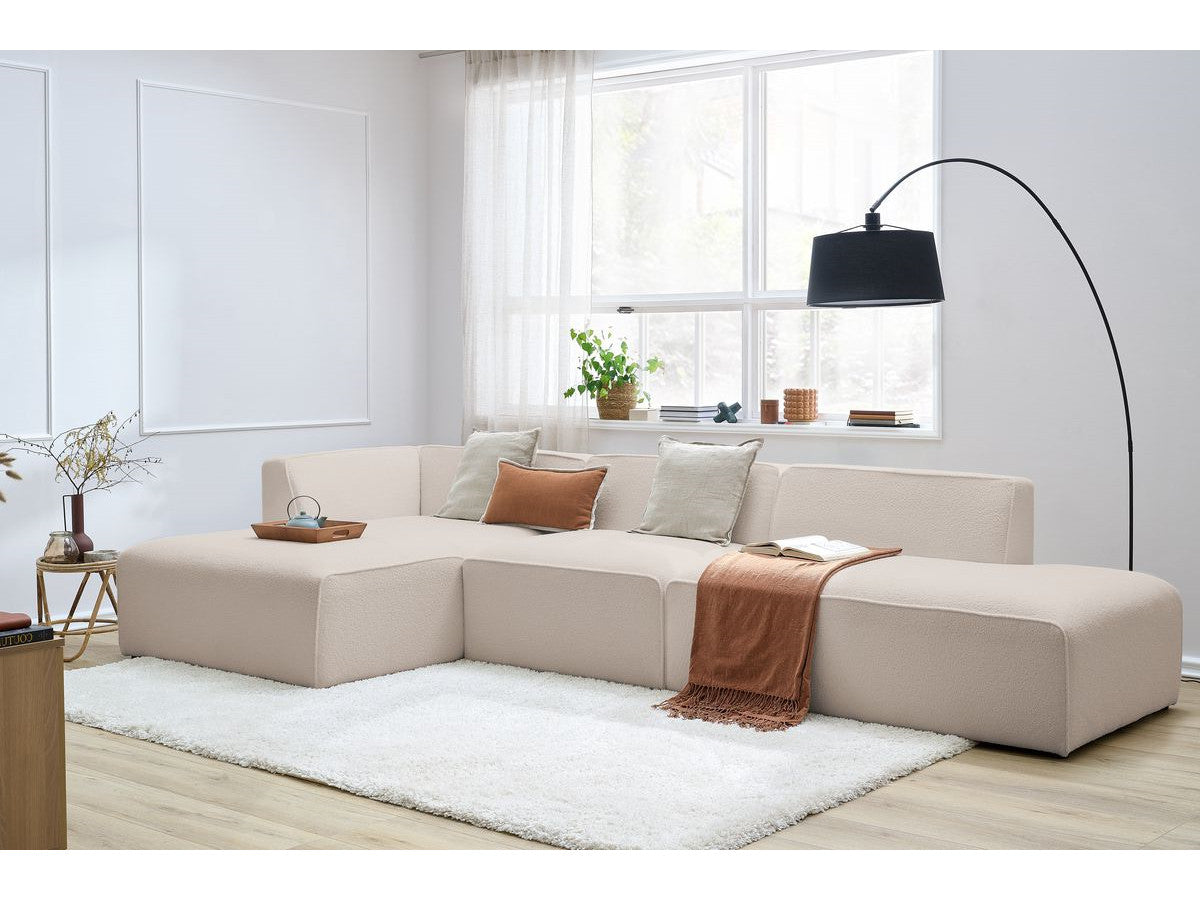 Canapé d'angle fixe modulable MEGEVE tissu bouclette avec 1 chauffeuse et 1 pouf - Angle gauche