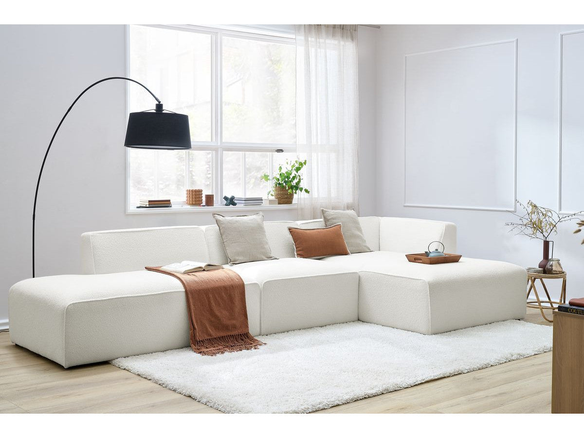 Canapé d'angle fixe modulable MEGEVE tissu bouclette avec 1 chauffeuse et 1 pouf - Angle droit