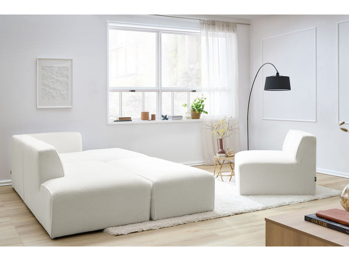 Canapé d'angle fixe modulable MEGEVE tissu bouclette avec 1 chauffeuse et 1 pouf - Angle droit