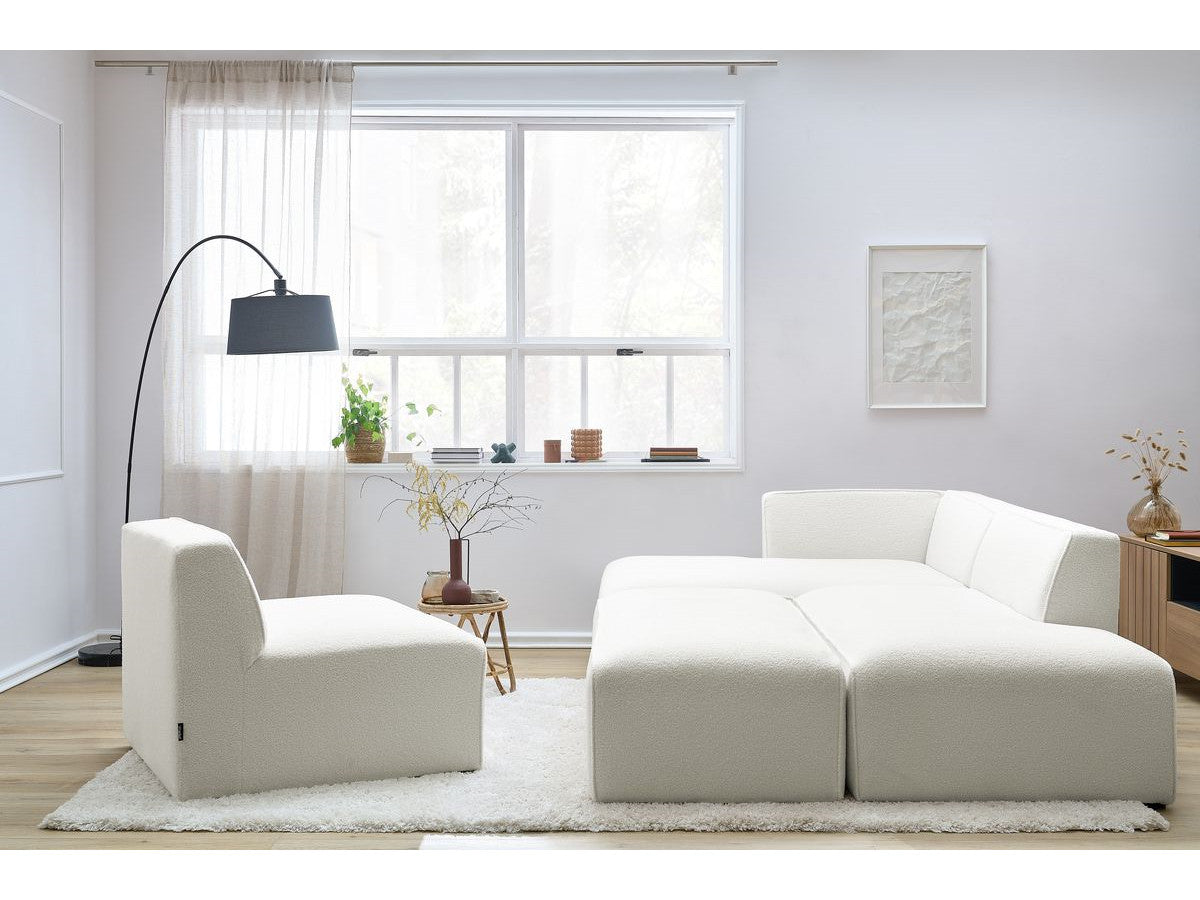 Canapé d'angle fixe modulable MEGEVE tissu bouclette avec 1 chauffeuse et 1 pouf - Angle gauche