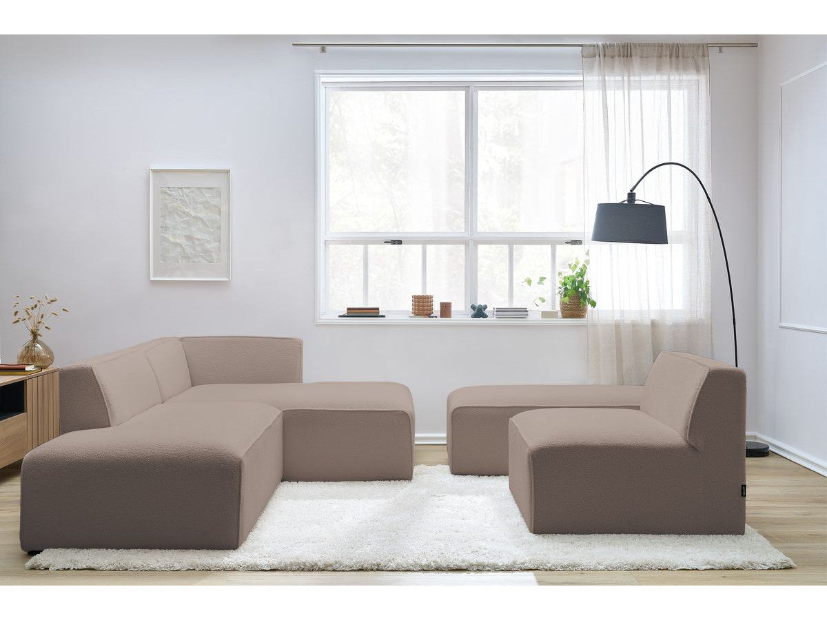 Canapé d'angle fixe modulable MEGEVE tissu bouclette avec 1 chauffeuse et 1 pouf - Angle droit