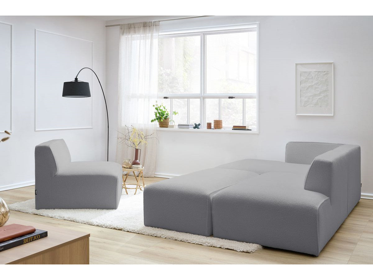 Canapé d'angle fixe modulable MEGEVE tissu bouclette avec 1 chauffeuse et 1 pouf - Angle gauche