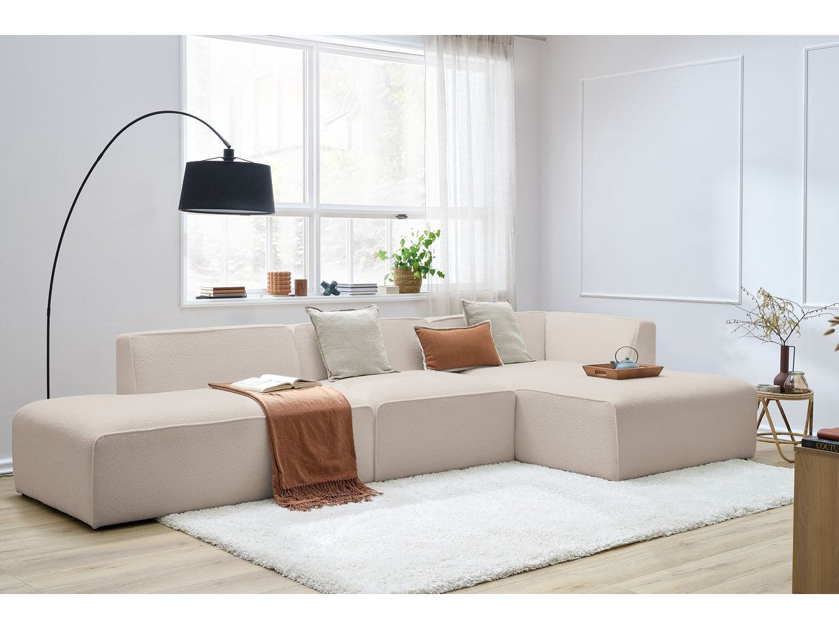 Canapé d'angle fixe modulable MEGEVE tissu bouclette avec 1 chauffeuse et 1 pouf - Angle droit