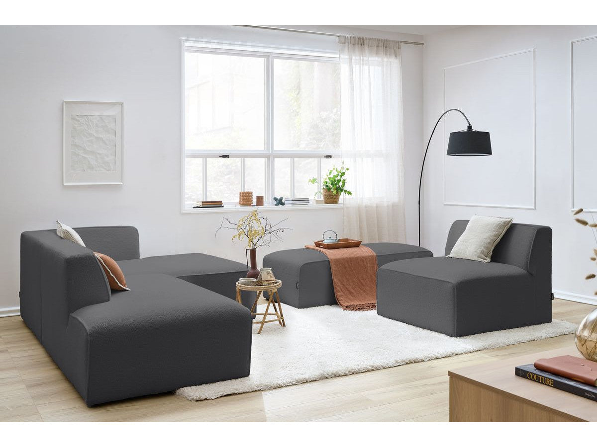Canapé d'angle fixe modulable MEGEVE tissu bouclette avec 1 chauffeuse et 1 pouf - Angle droit