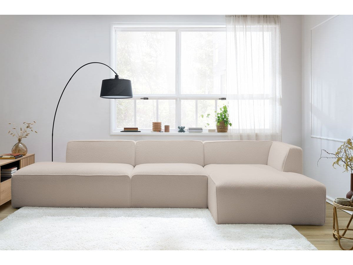 Canapé d'angle fixe modulable MEGEVE tissu bouclette avec 1 chauffeuse et 1 pouf - Angle droit