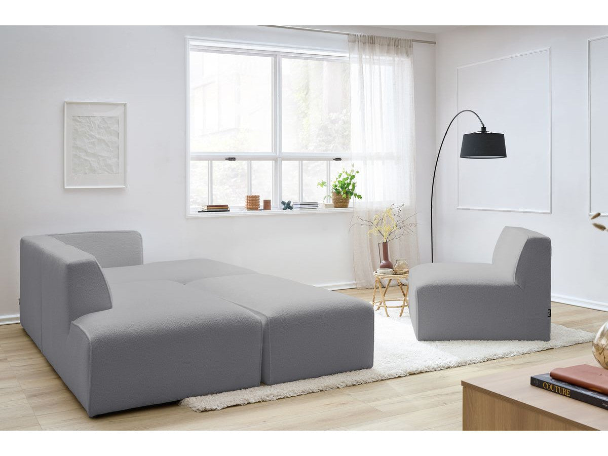 Canapé d'angle fixe modulable MEGEVE tissu bouclette avec 1 chauffeuse et 1 pouf - Angle droit