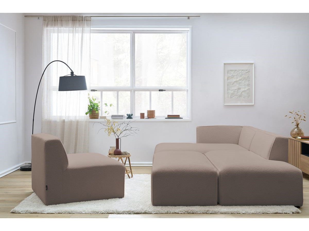 Canapé d'angle fixe modulable MEGEVE tissu bouclette avec 1 chauffeuse et 1 pouf - Angle gauche