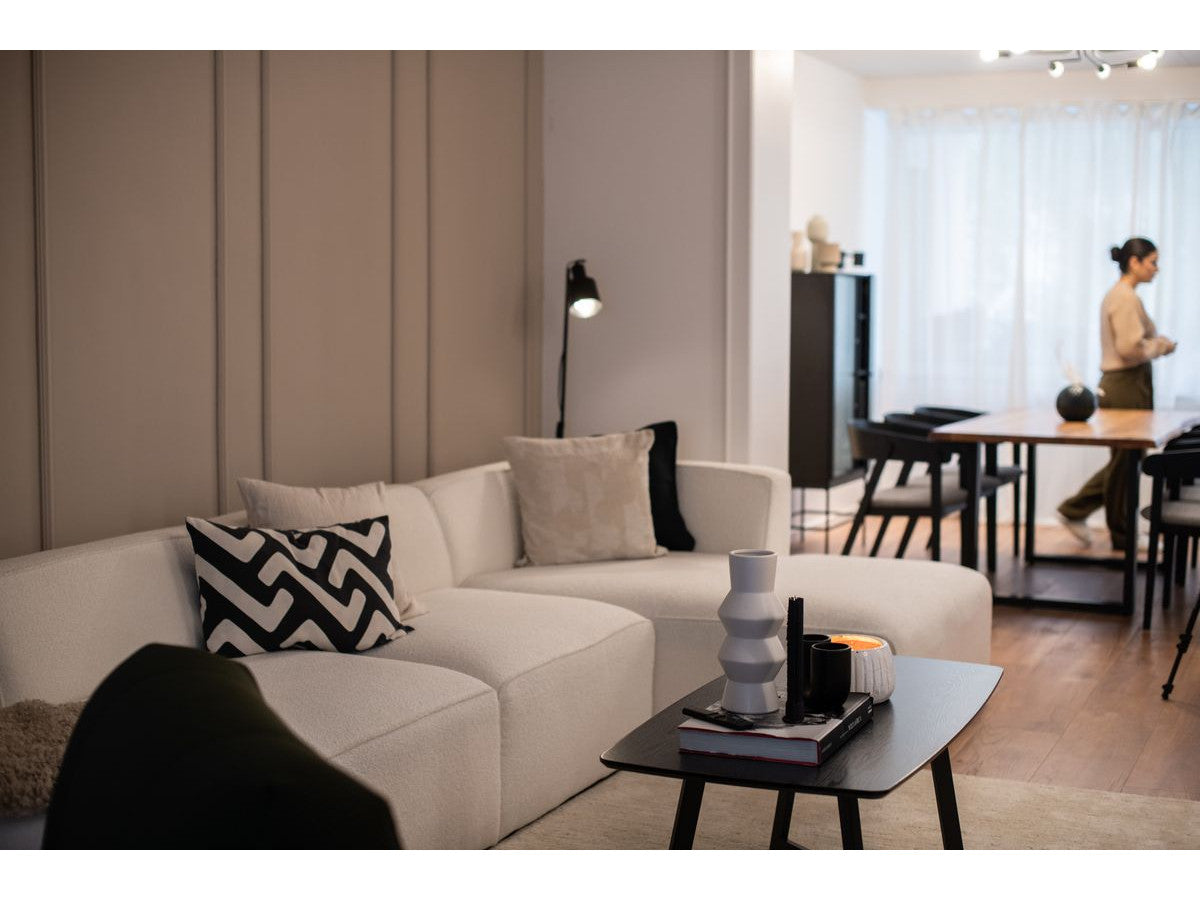 Canapé d'angle fixe modulable MEGEVE tissu bouclette avec 1 chauffeuse et 1 pouf - Angle droit