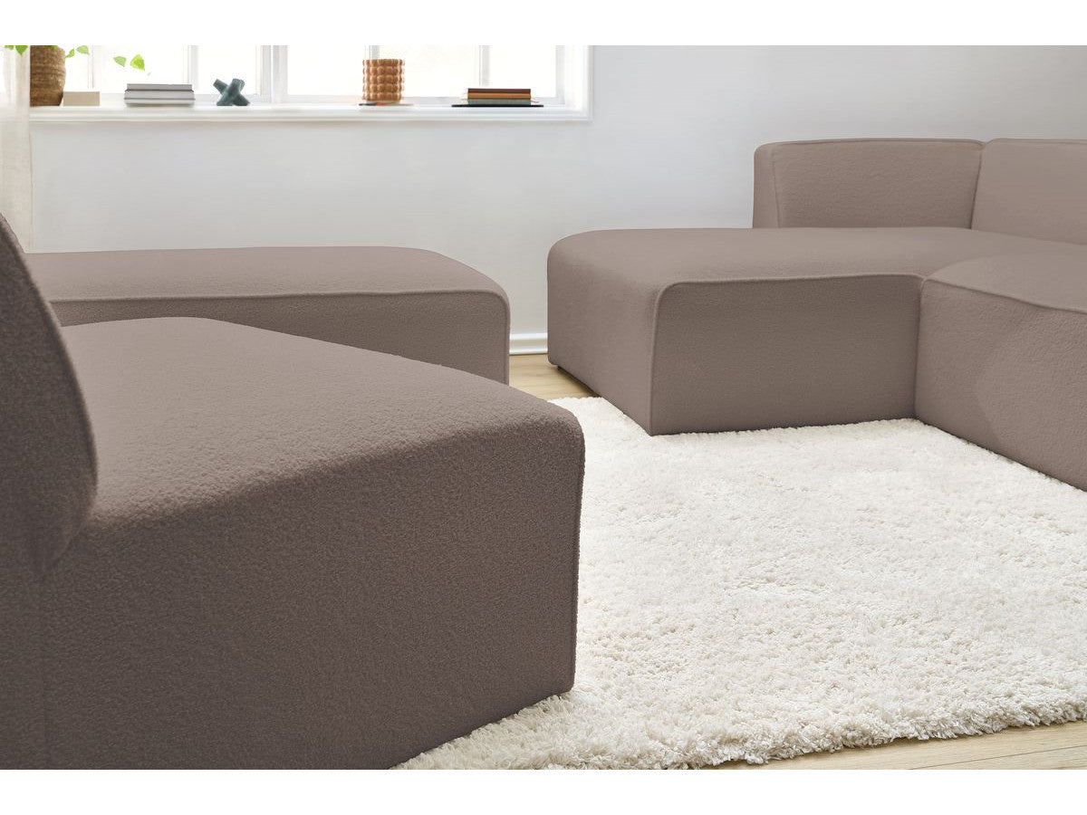 Canapé d'angle fixe modulable MEGEVE tissu bouclette avec 1 chauffeuse et 1 pouf - Angle gauche