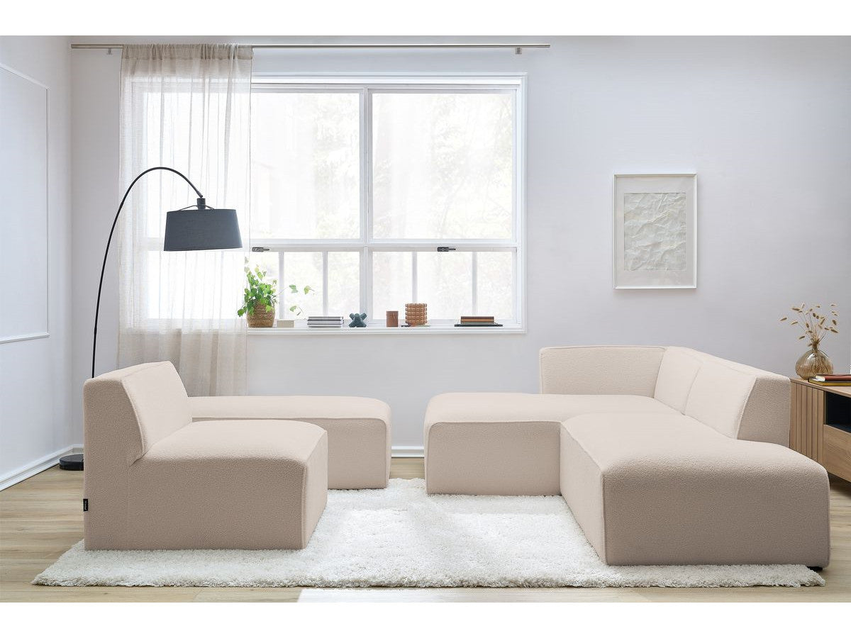 Canapé d'angle fixe modulable MEGEVE tissu bouclette avec 1 chauffeuse et 1 pouf - Angle gauche