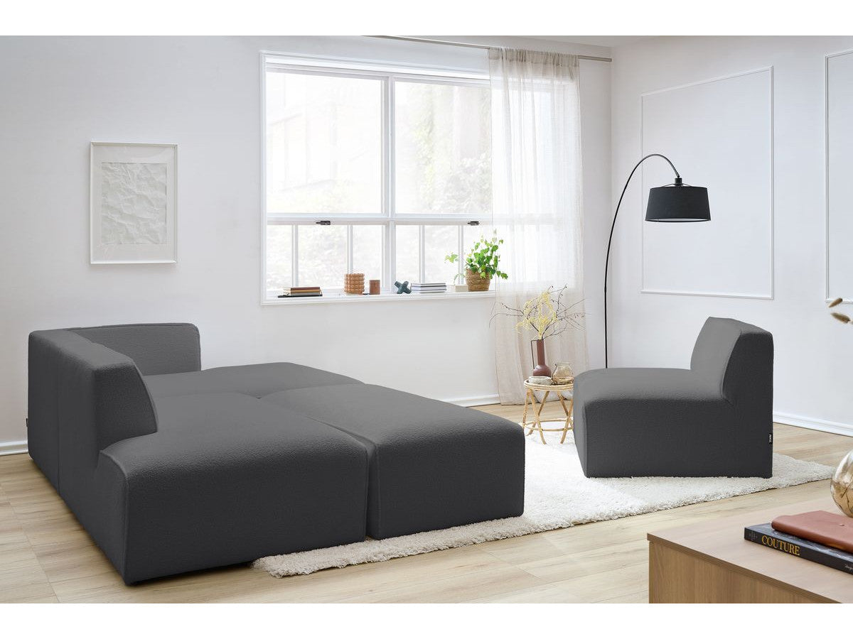 Canapé d'angle fixe modulable MEGEVE tissu bouclette avec 1 chauffeuse et 1 pouf - Angle droit