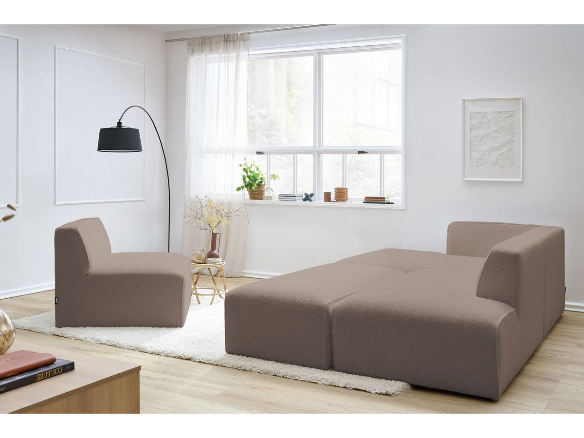 Canapé d'angle fixe modulable MEGEVE tissu bouclette avec 1 chauffeuse et 1 pouf - Angle gauche