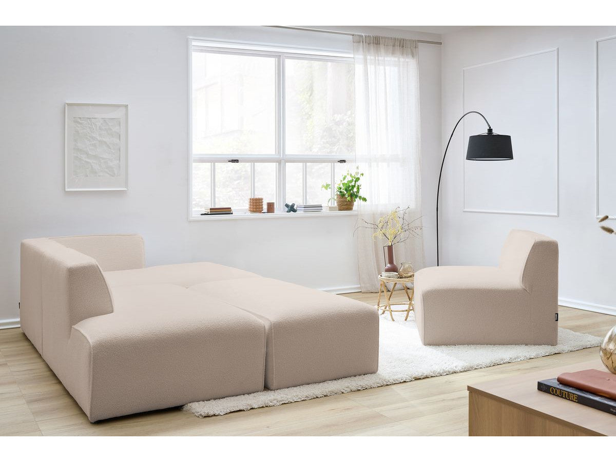 Canapé d'angle fixe modulable MEGEVE tissu bouclette avec 1 chauffeuse et 1 pouf - Angle droit