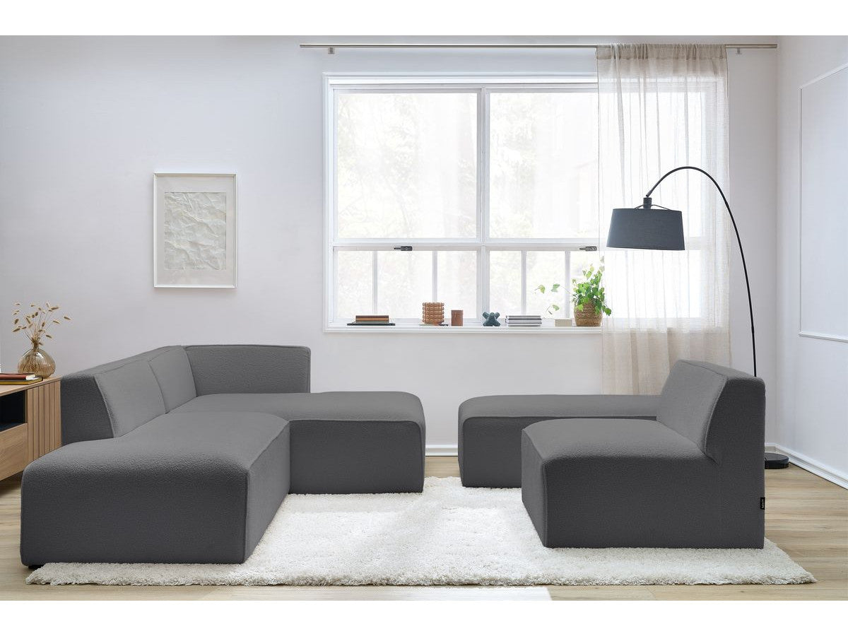 Canapé d'angle fixe modulable MEGEVE tissu bouclette avec 1 chauffeuse et 1 pouf - Angle droit