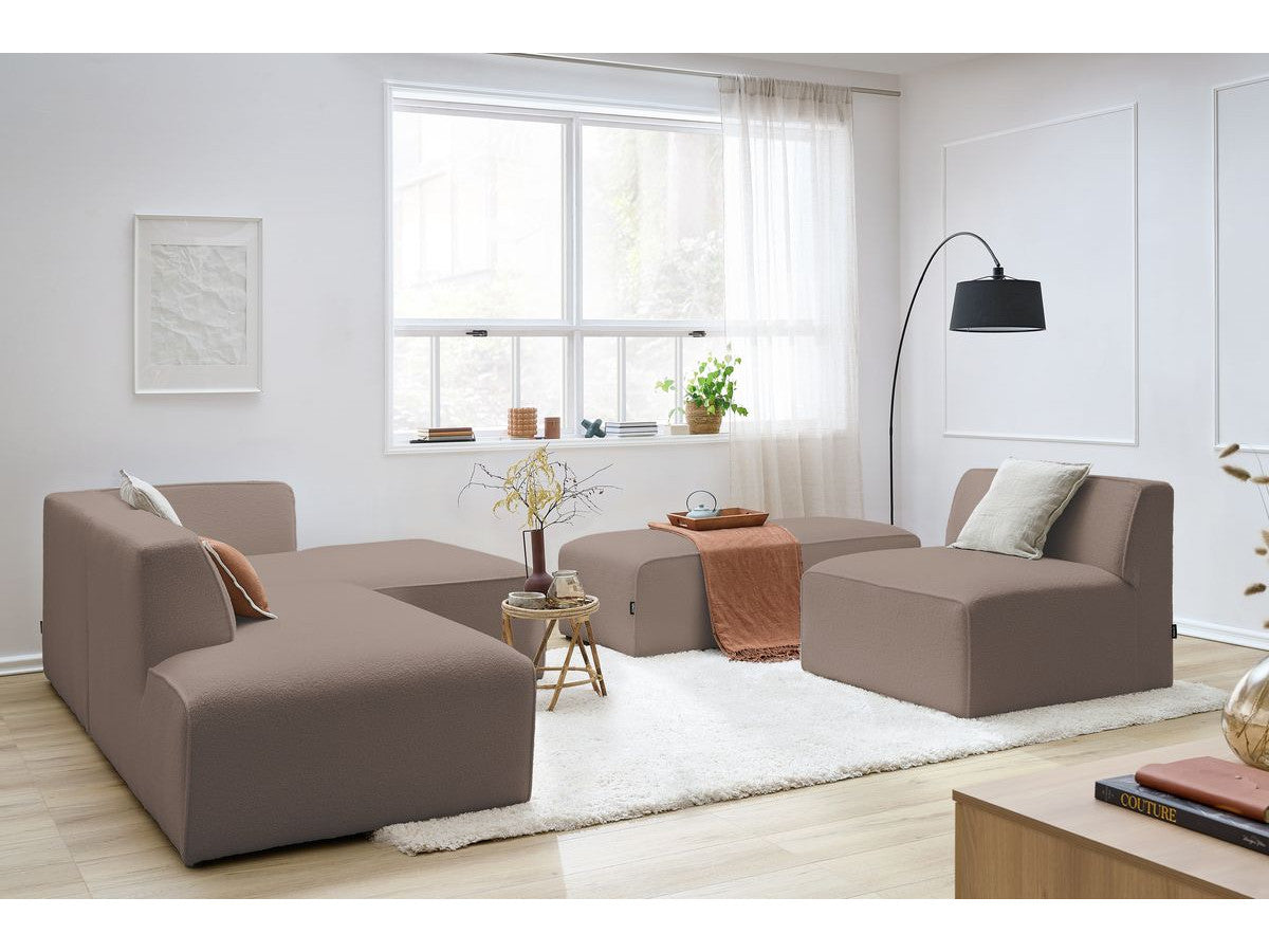 Canapé d'angle fixe modulable MEGEVE tissu bouclette avec 1 chauffeuse et 1 pouf - Angle droit
