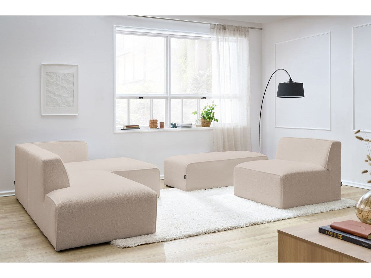 Canapé d'angle fixe modulable MEGEVE tissu bouclette avec 1 chauffeuse et 1 pouf - Angle droit