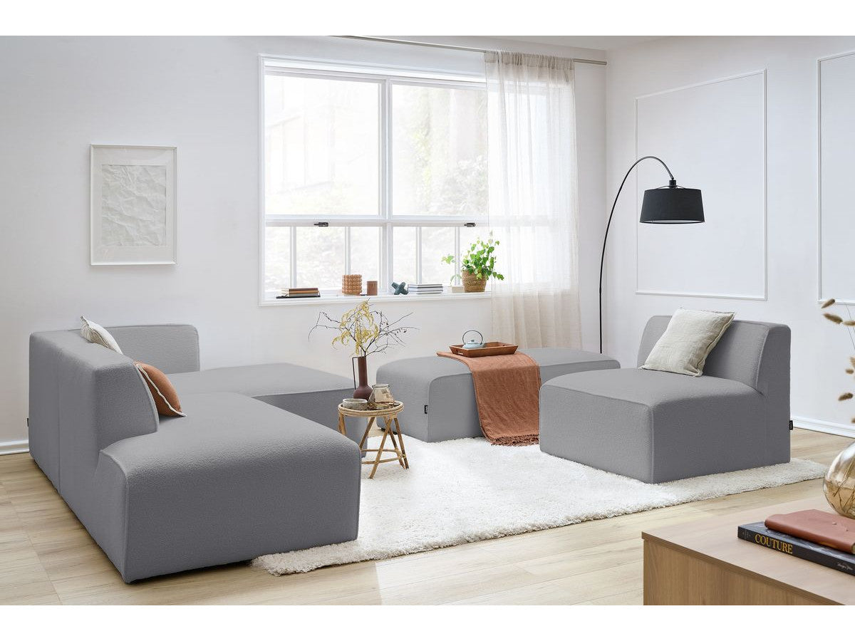 Canapé d'angle fixe modulable MEGEVE tissu bouclette avec 1 chauffeuse et 1 pouf - Angle droit