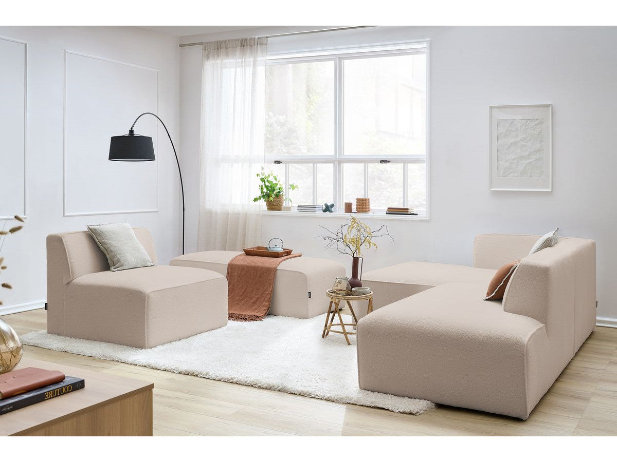 Canapé d'angle fixe modulable MEGEVE tissu bouclette avec 1 chauffeuse et 1 pouf - Angle gauche