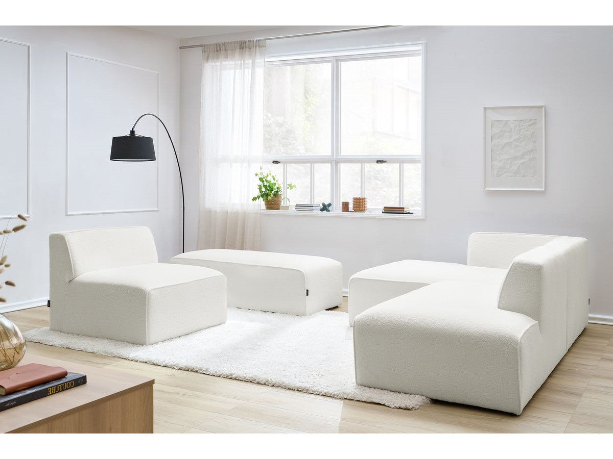 Canapé d'angle fixe modulable MEGEVE tissu bouclette avec 1 chauffeuse et 1 pouf - Angle gauche