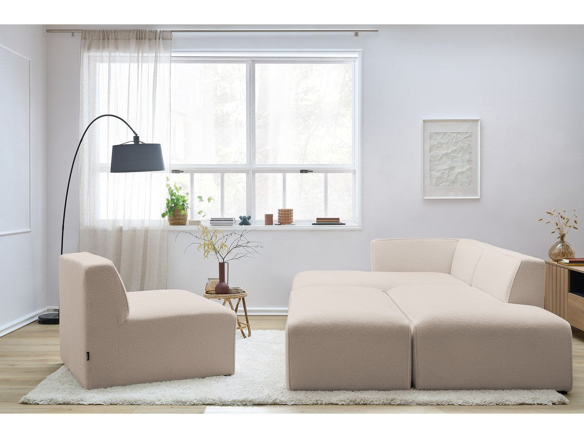 Canapé d'angle fixe modulable MEGEVE tissu bouclette avec 1 chauffeuse et 1 pouf - Angle gauche