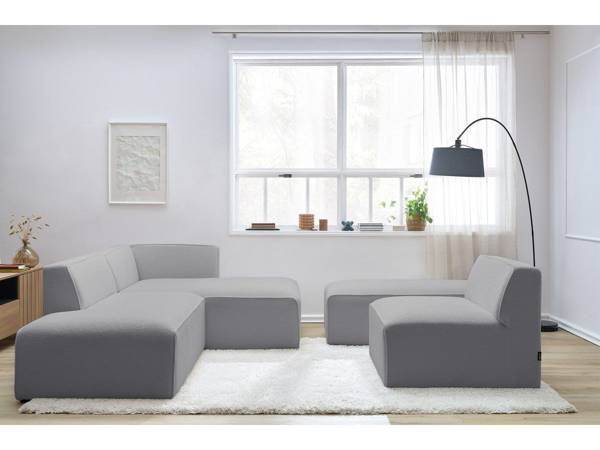 Canapé d'angle fixe modulable MEGEVE tissu bouclette avec 1 chauffeuse et 1 pouf - Angle droit