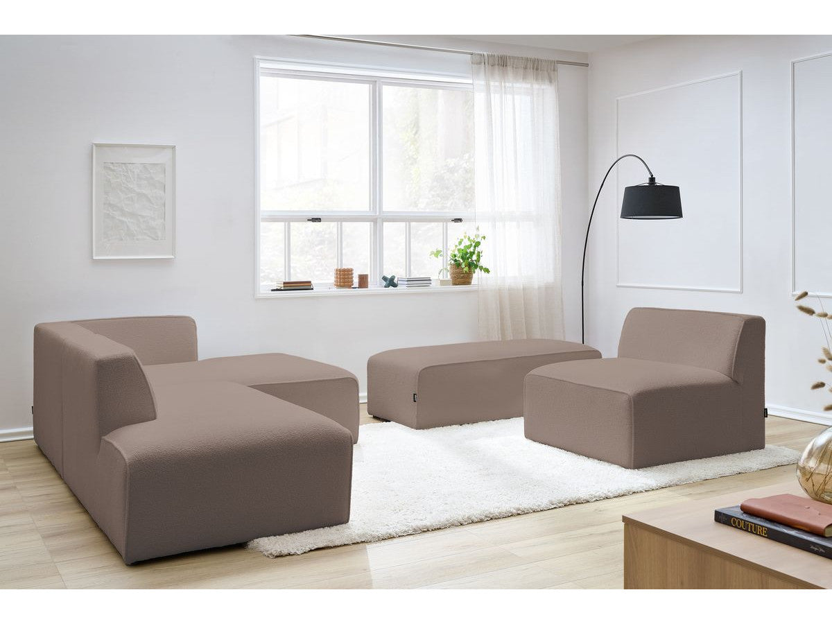 Canapé d'angle fixe modulable MEGEVE tissu bouclette avec 1 chauffeuse et 1 pouf - Angle droit