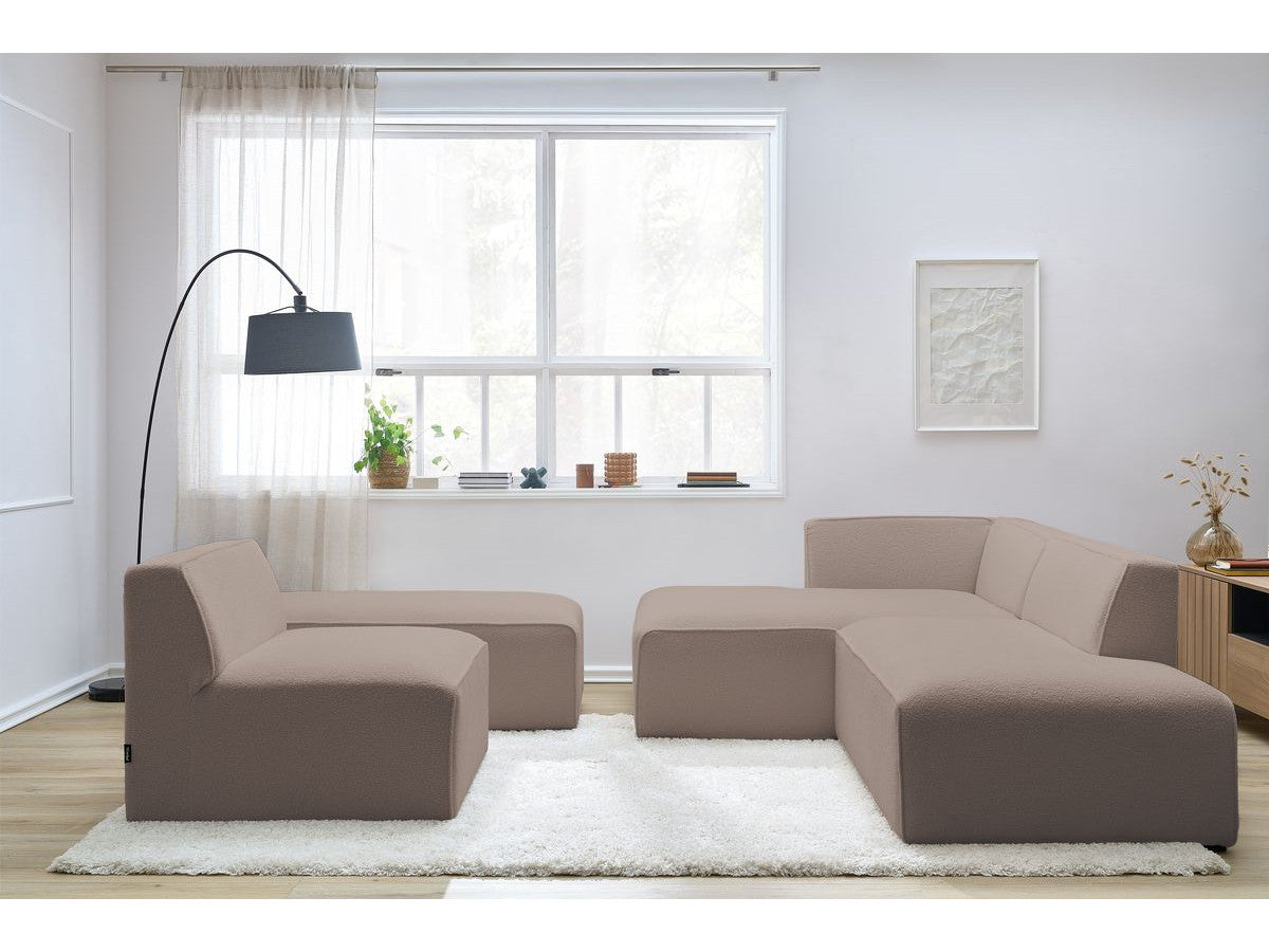 Canapé d'angle fixe modulable MEGEVE tissu bouclette avec 1 chauffeuse et 1 pouf - Angle gauche