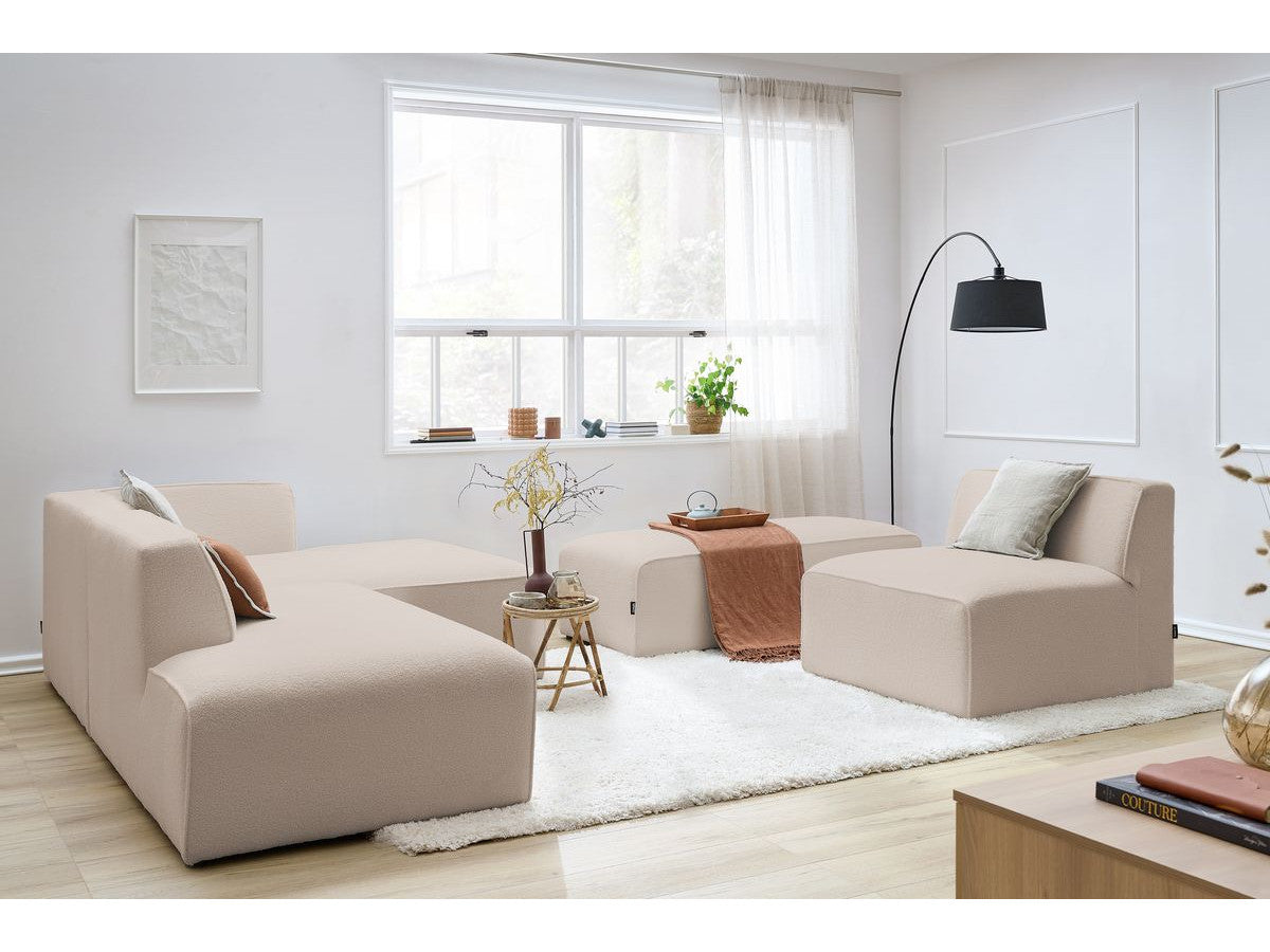 Canapé d'angle fixe modulable MEGEVE tissu bouclette avec 1 chauffeuse et 1 pouf - Angle droit
