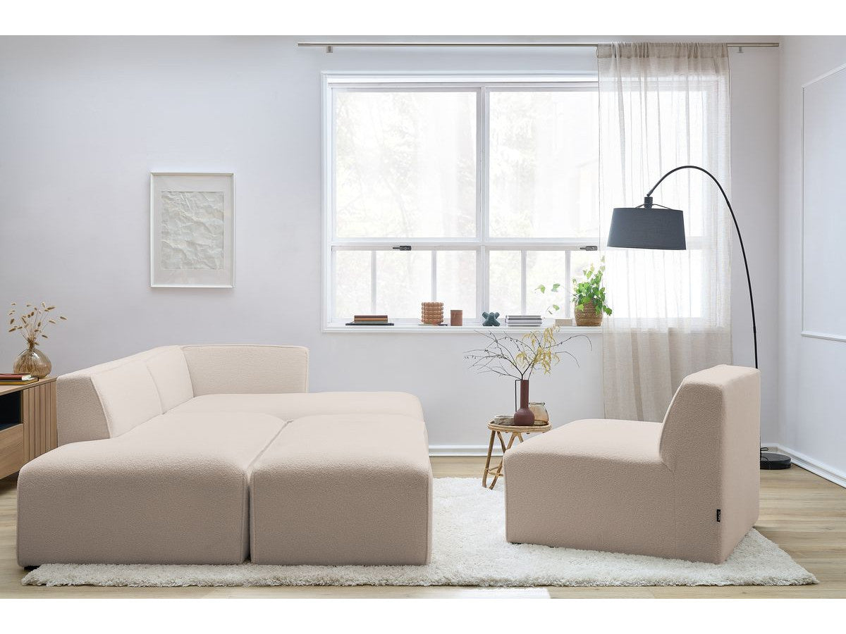 Canapé d'angle fixe modulable MEGEVE tissu bouclette avec 1 chauffeuse et 1 pouf - Angle droit