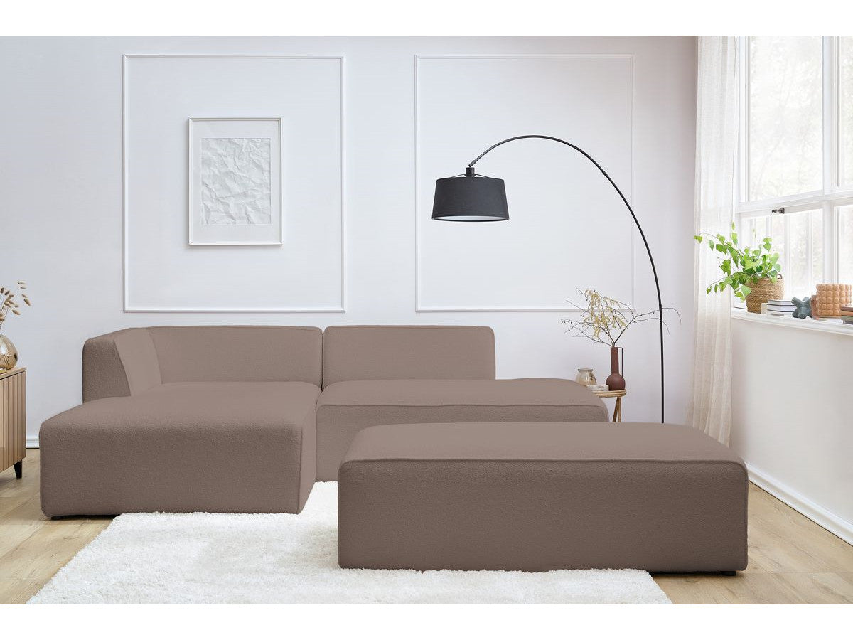 Canapé d'angle fixe modulable MEGEVE tissu bouclette avec pouf Angle gauche