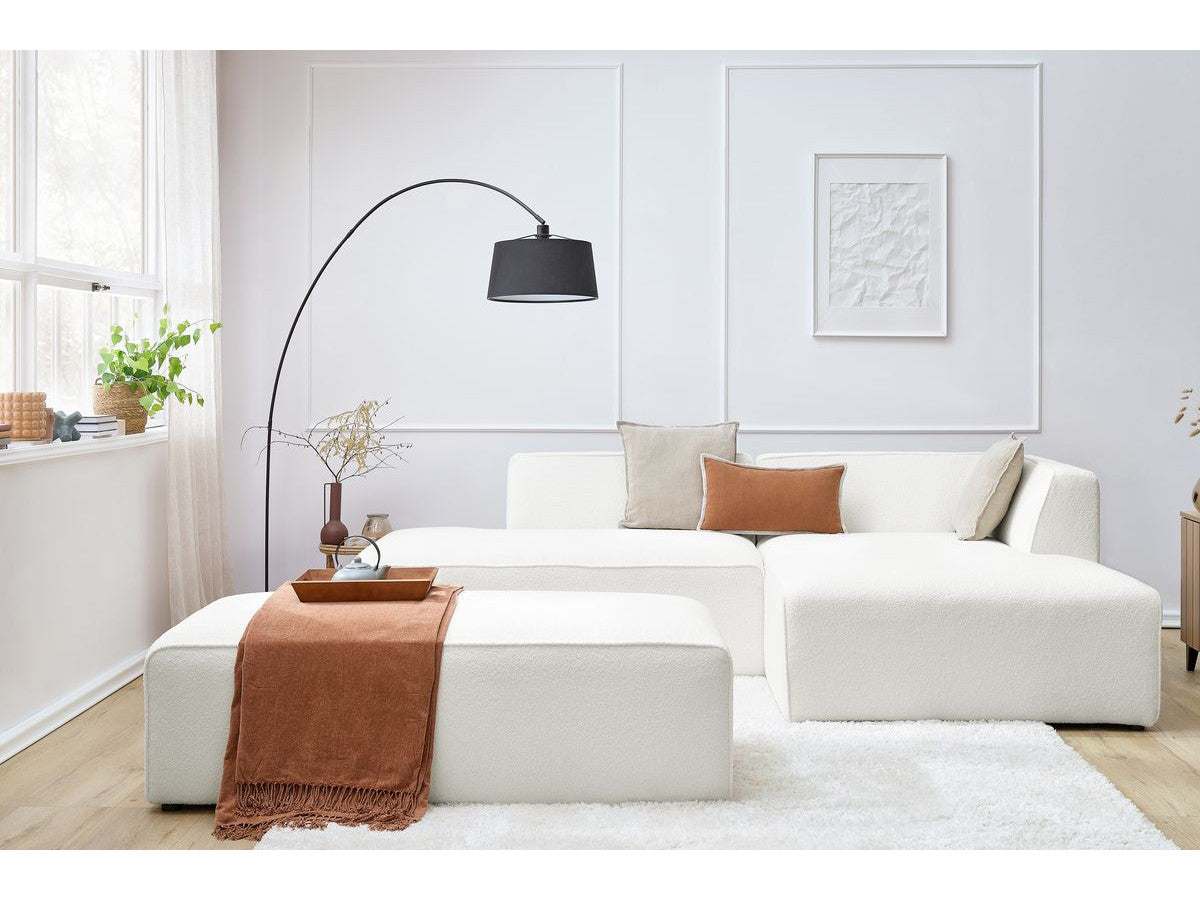 Canapé d'angle fixe modulable MEGEVE tissu bouclette avec pouf Angle droit