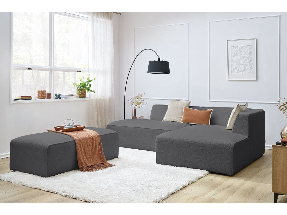 Canapé d'angle fixe modulable MEGEVE tissu bouclette avec pouf Angle droit