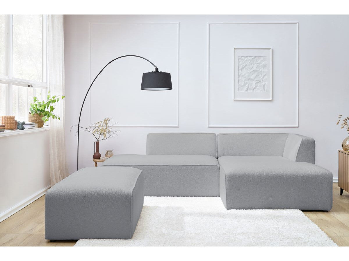 Canapé d'angle fixe modulable MEGEVE tissu bouclette avec pouf Angle droit