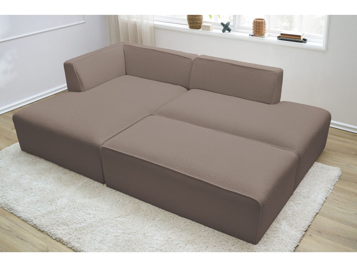 Canapé d'angle fixe modulable MEGEVE tissu bouclette avec pouf Angle gauche