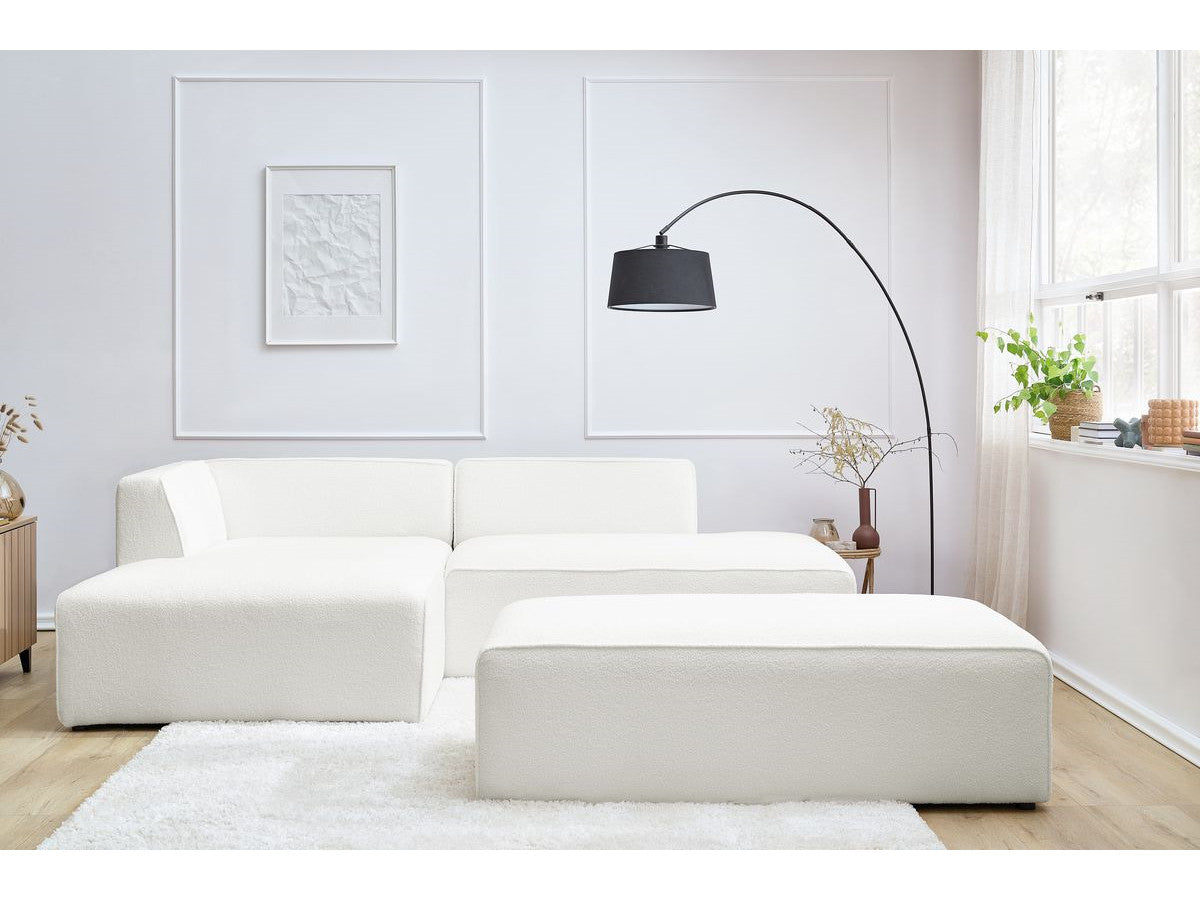 Canapé d'angle fixe modulable MEGEVE tissu bouclette avec pouf Angle gauche
