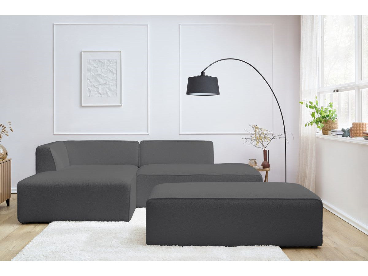 Canapé d'angle fixe modulable MEGEVE tissu bouclette avec pouf Angle gauche