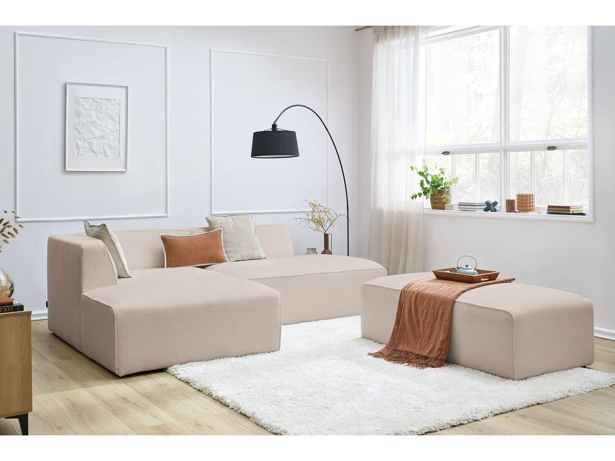Canapé d'angle fixe modulable MEGEVE tissu bouclette avec pouf Angle gauche