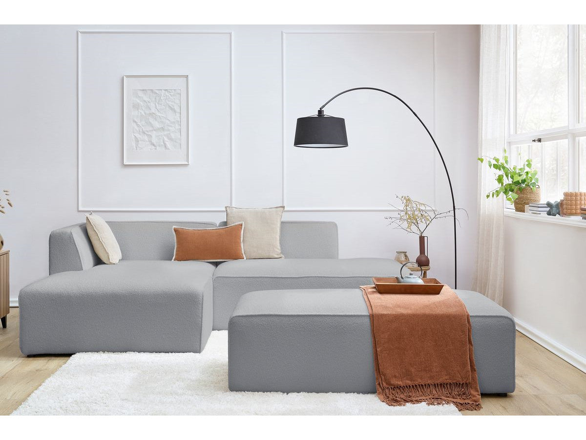 Canapé d'angle fixe modulable MEGEVE tissu bouclette avec pouf Angle gauche