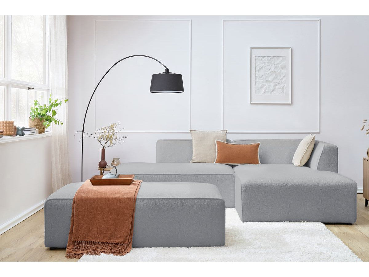 Canapé d'angle fixe modulable MEGEVE tissu bouclette avec pouf Angle droit