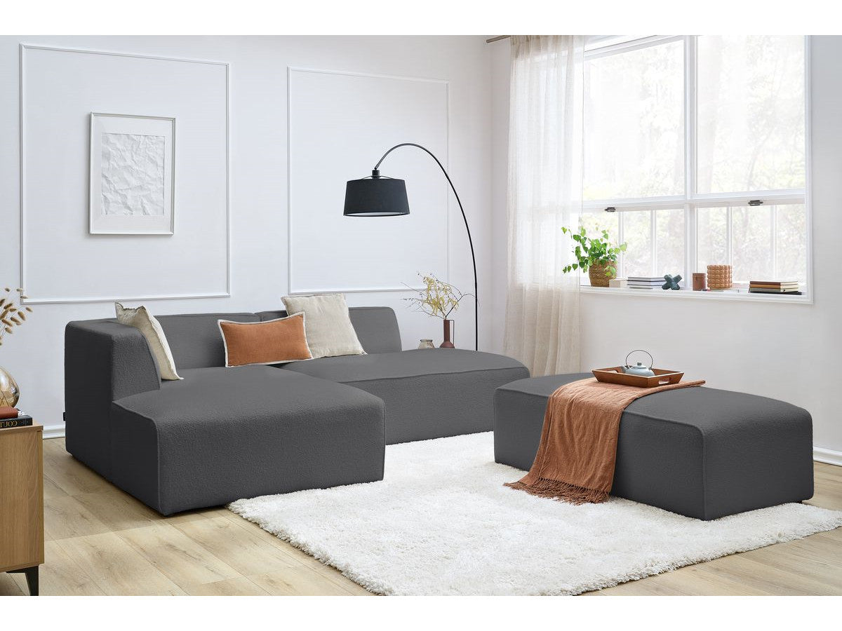 Canapé d'angle fixe modulable MEGEVE tissu bouclette avec pouf Angle gauche