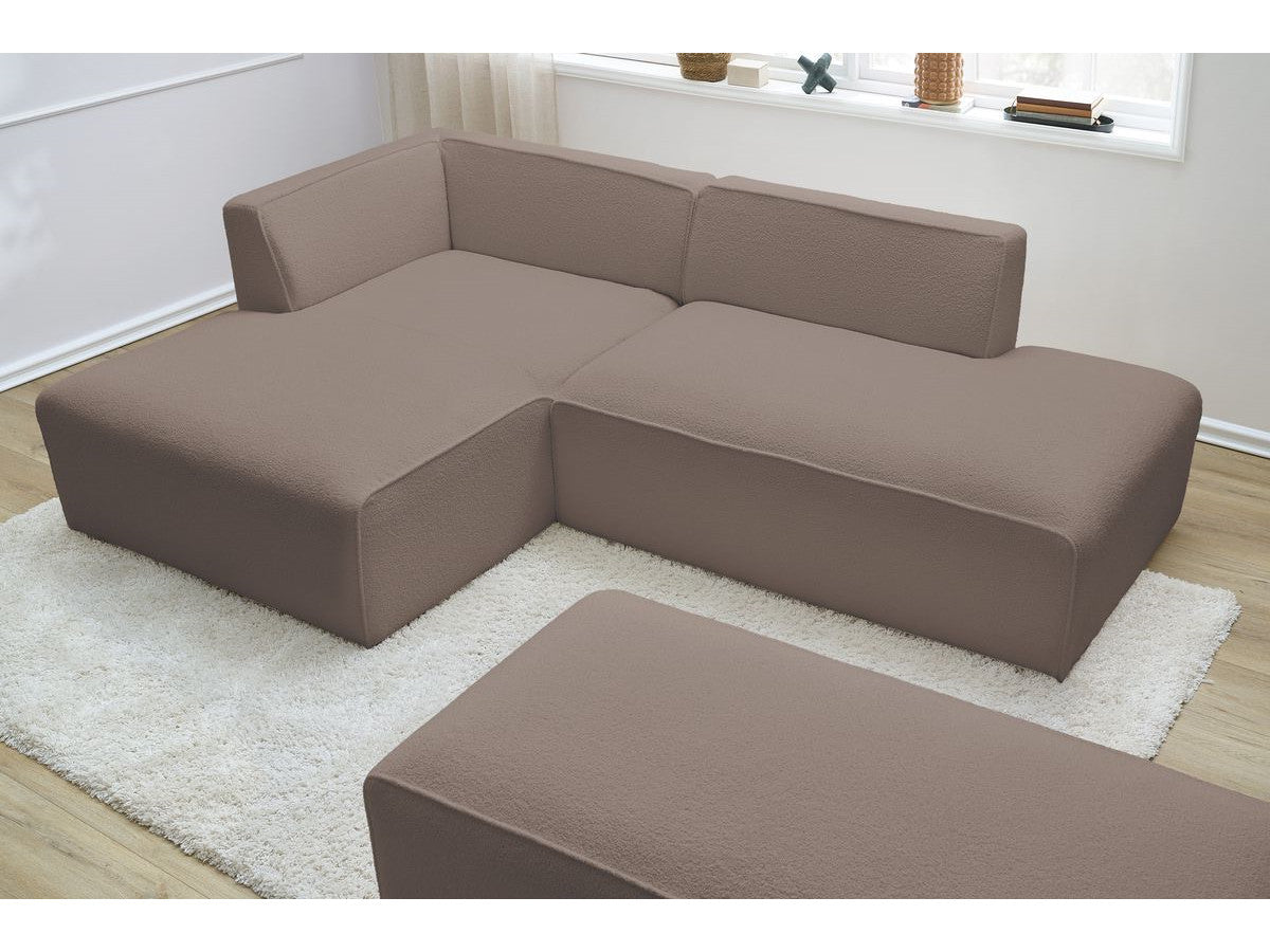 Canapé d'angle fixe modulable MEGEVE tissu bouclette avec pouf Angle gauche