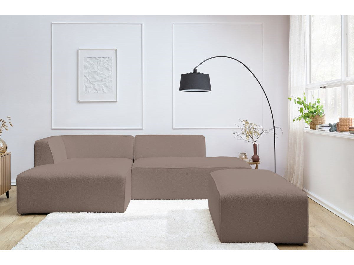 Canapé d'angle fixe modulable MEGEVE tissu bouclette avec pouf Angle gauche