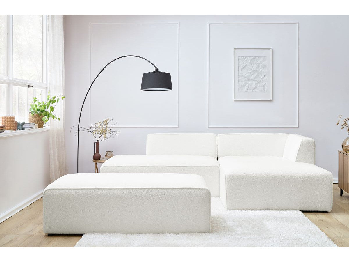 Canapé d'angle fixe modulable MEGEVE tissu bouclette avec pouf Angle droit