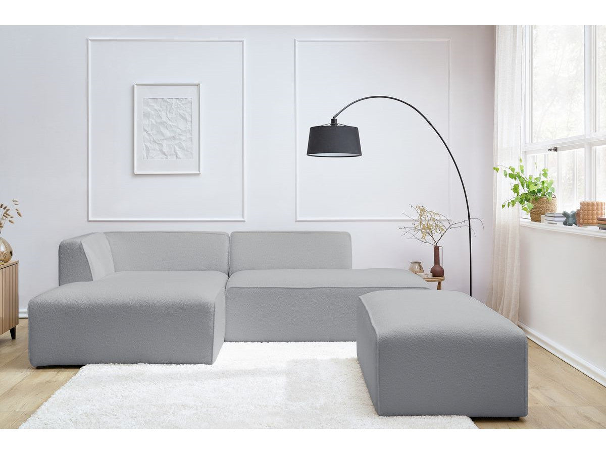 Canapé d'angle fixe modulable MEGEVE tissu bouclette avec pouf Angle gauche
