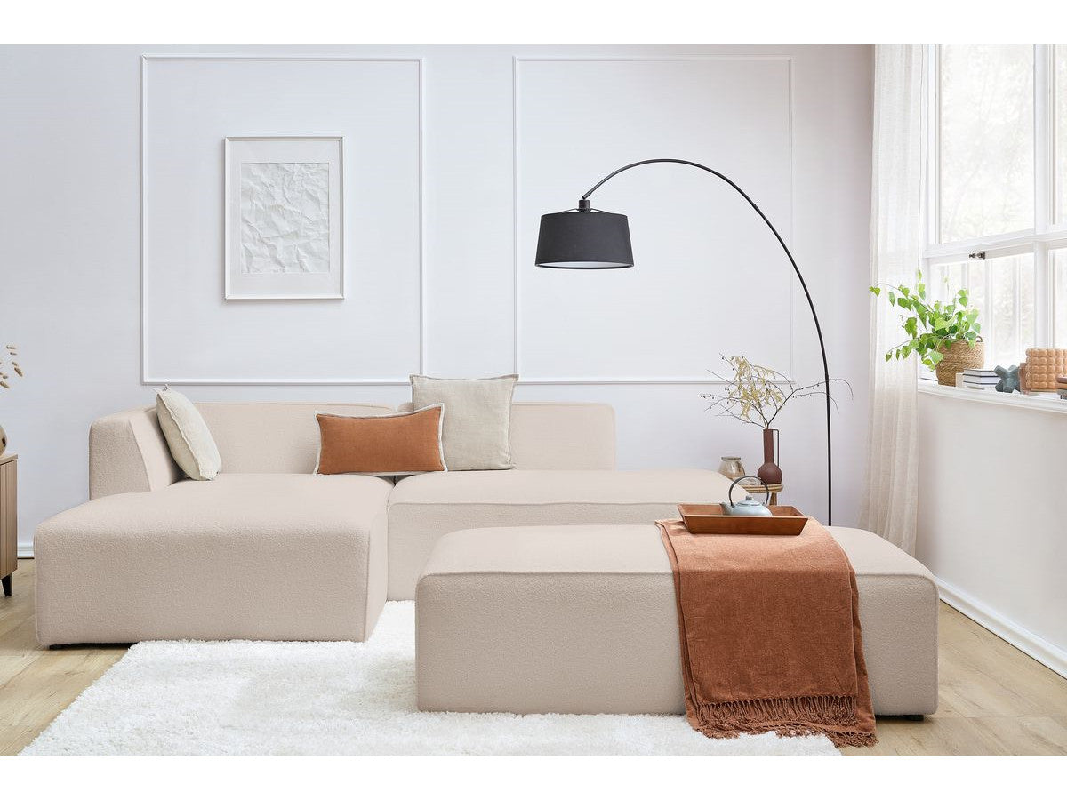 Canapé d'angle fixe modulable MEGEVE tissu bouclette avec pouf Angle gauche
