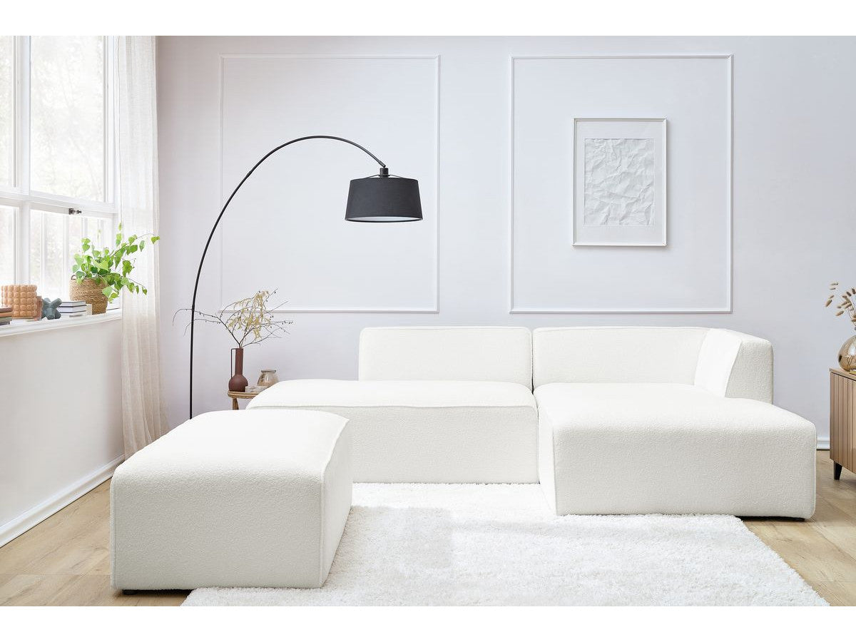Canapé d'angle fixe modulable MEGEVE tissu bouclette avec pouf Angle droit