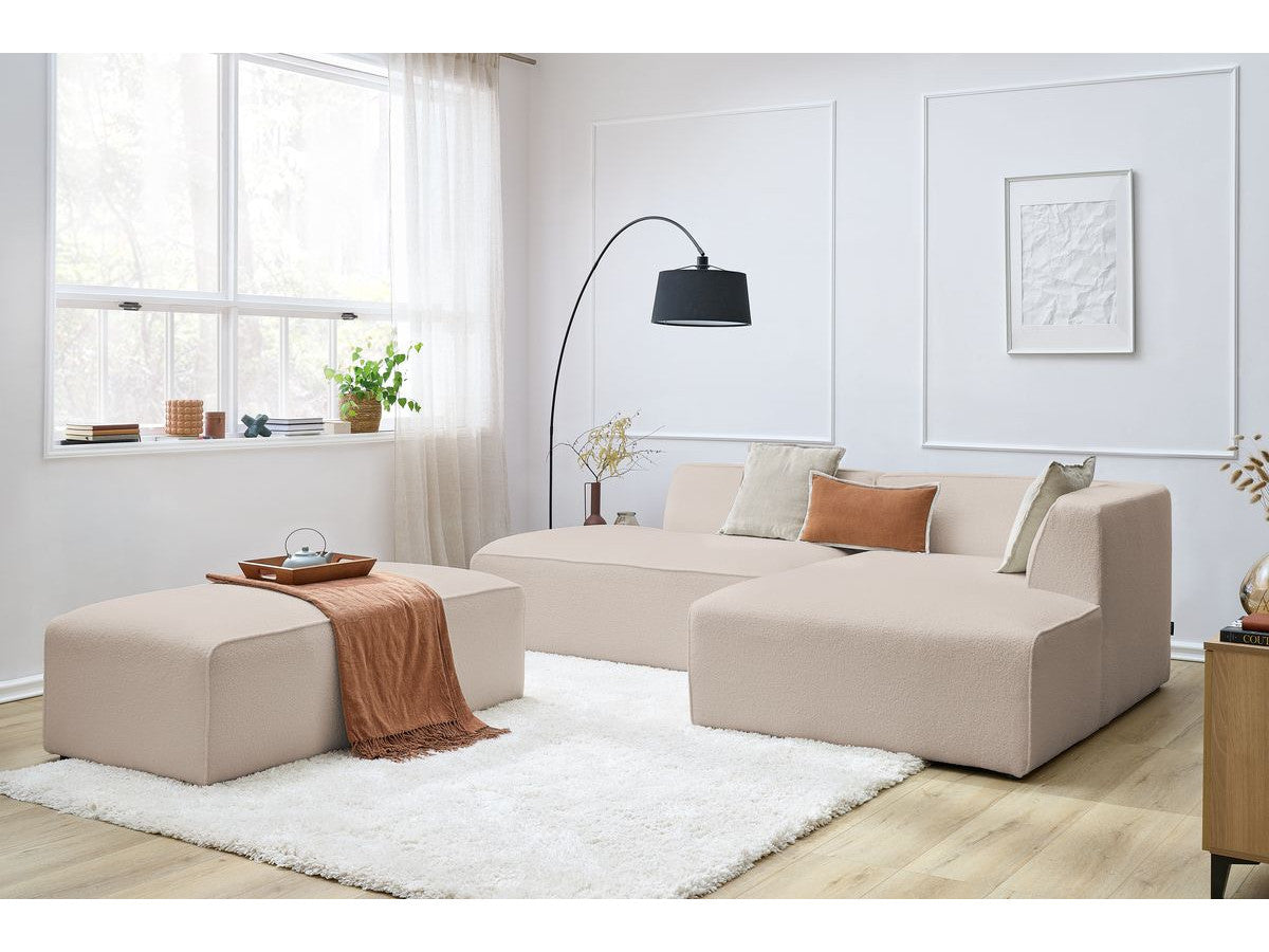 Canapé d'angle fixe modulable MEGEVE tissu bouclette avec pouf Angle droit