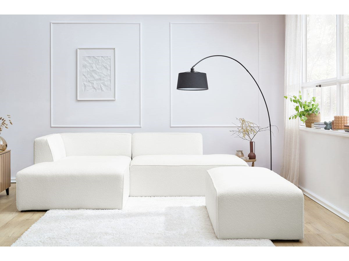 Canapé d'angle fixe modulable MEGEVE tissu bouclette avec pouf Angle gauche