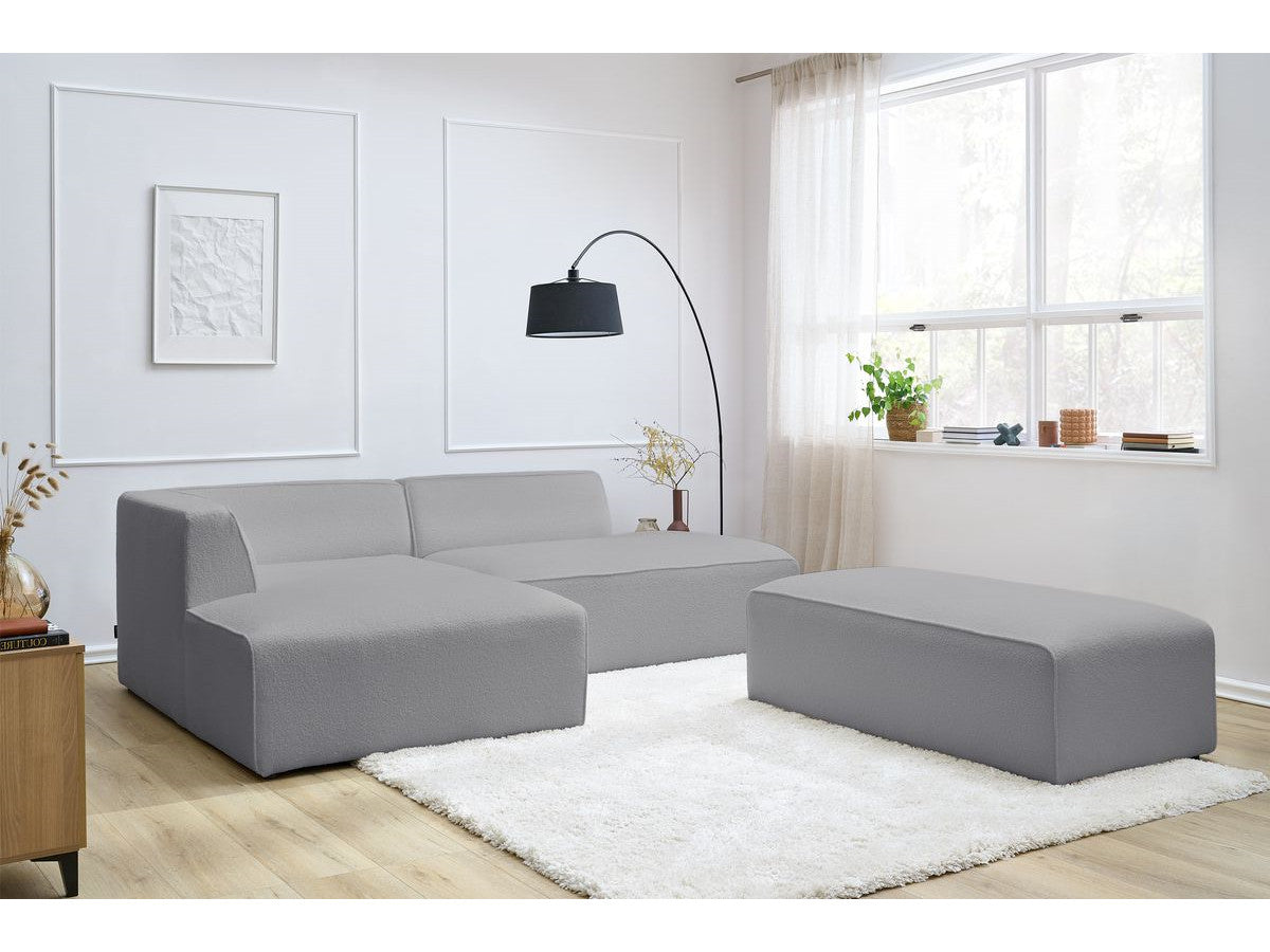 Canapé d'angle fixe modulable MEGEVE tissu bouclette avec pouf Angle gauche